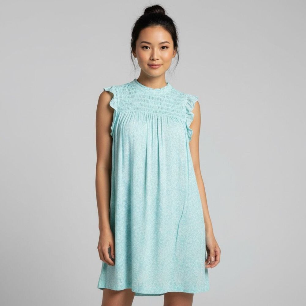 Crown & Ivy L Pastel Aqua Blue White Smocked Floral Dress Preppy Beach Resort
